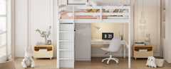 Wood Full Size Loft Bed with Built-in Wardrobe, Desk, Storage Shelves and Drawers, White