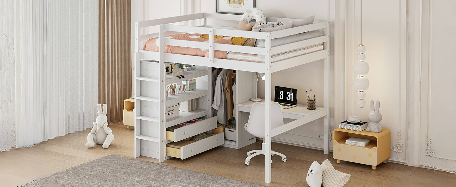 Wood Full Size Loft Bed with Built-in Wardrobe, Desk, Storage Shelves and Drawers, White