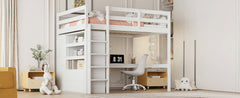 Wood Full Size Loft Bed with Built-in Wardrobe, Desk, Storage Shelves and Drawers, White