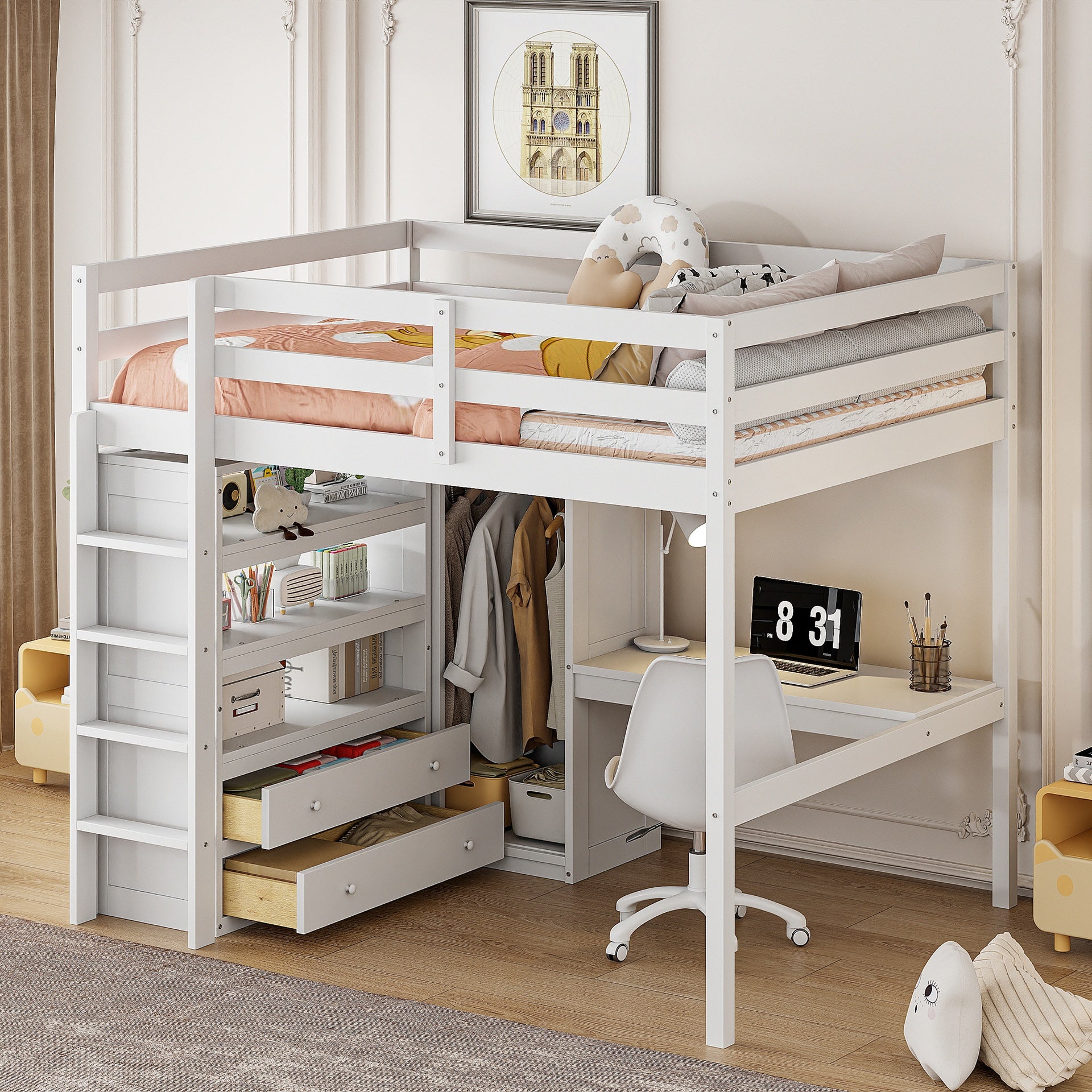 Wood Full Size Loft Bed with Built-in Wardrobe, Desk, Storage Shelves and Drawers, White