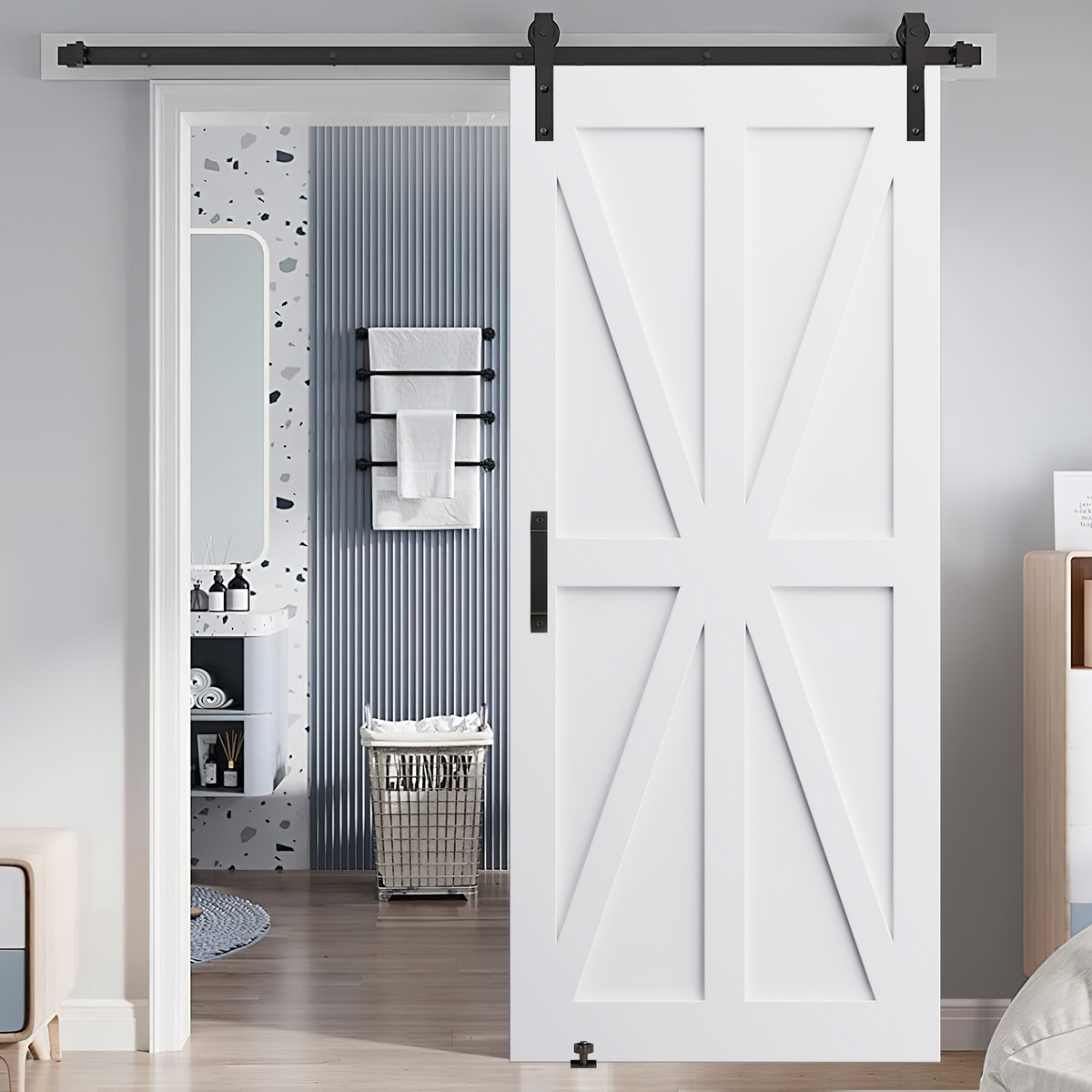 CRAZY ELF 28" x 84" Star Style Real Primed Door Slab + 6.6FT Barn Door Sliding Hardware + Adjustable Floor Guider + Pull Handle, DIY Unfinished Paneled Door, Modern Interior Barn Door, Moisture-proof