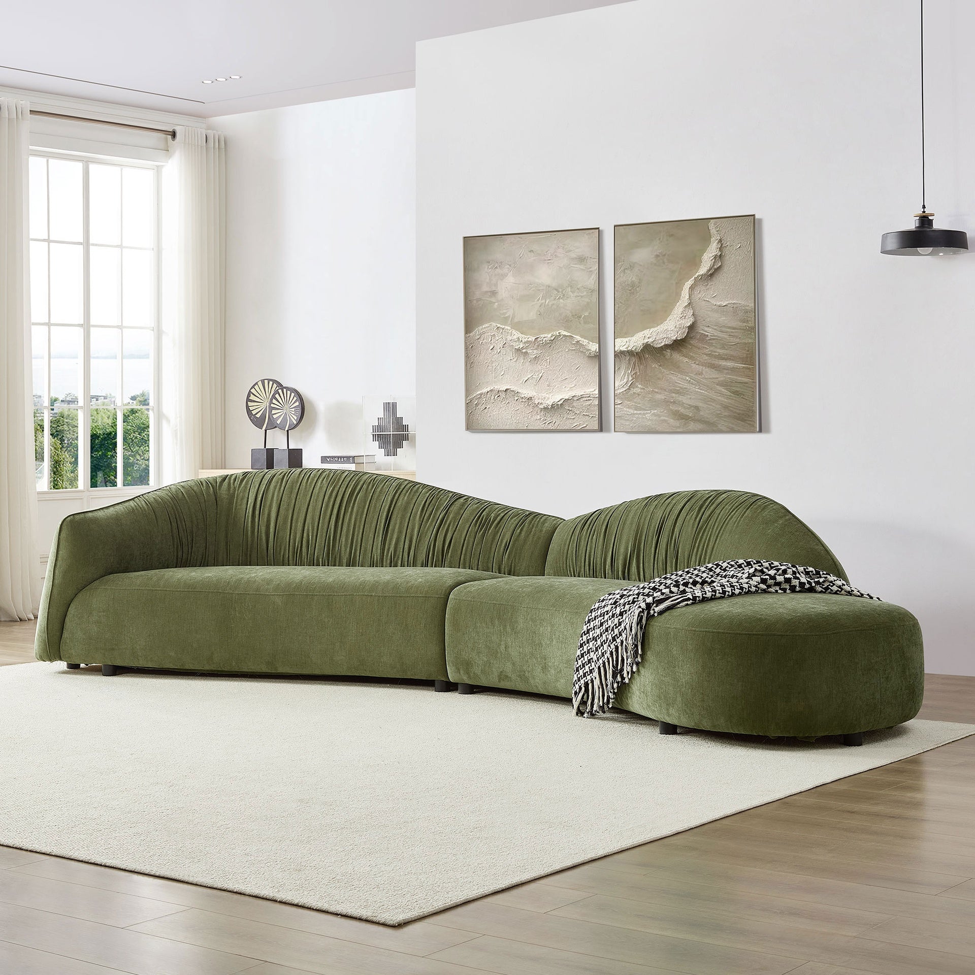 145.67'' Mid-Century Upholstered Comfy Couch with Facing Chaise Right for Livingroom,Bedroom, Apartment, Home Office GREEN