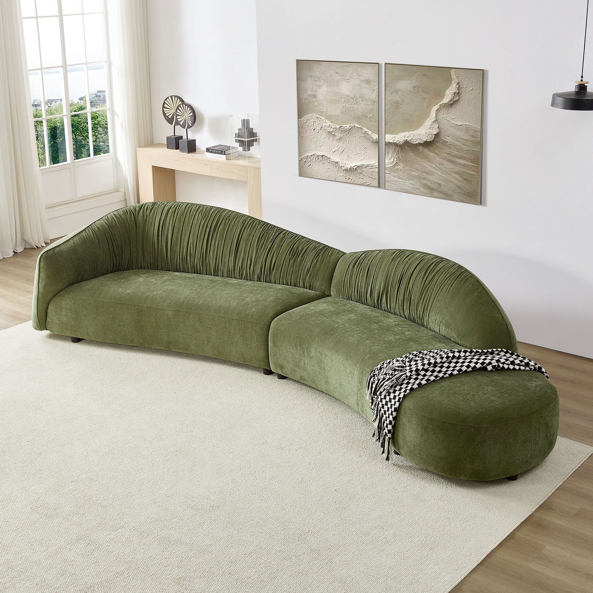 145.67'' Mid-Century Upholstered Comfy Couch with Facing Chaise Right for Livingroom,Bedroom, Apartment, Home Office GREEN