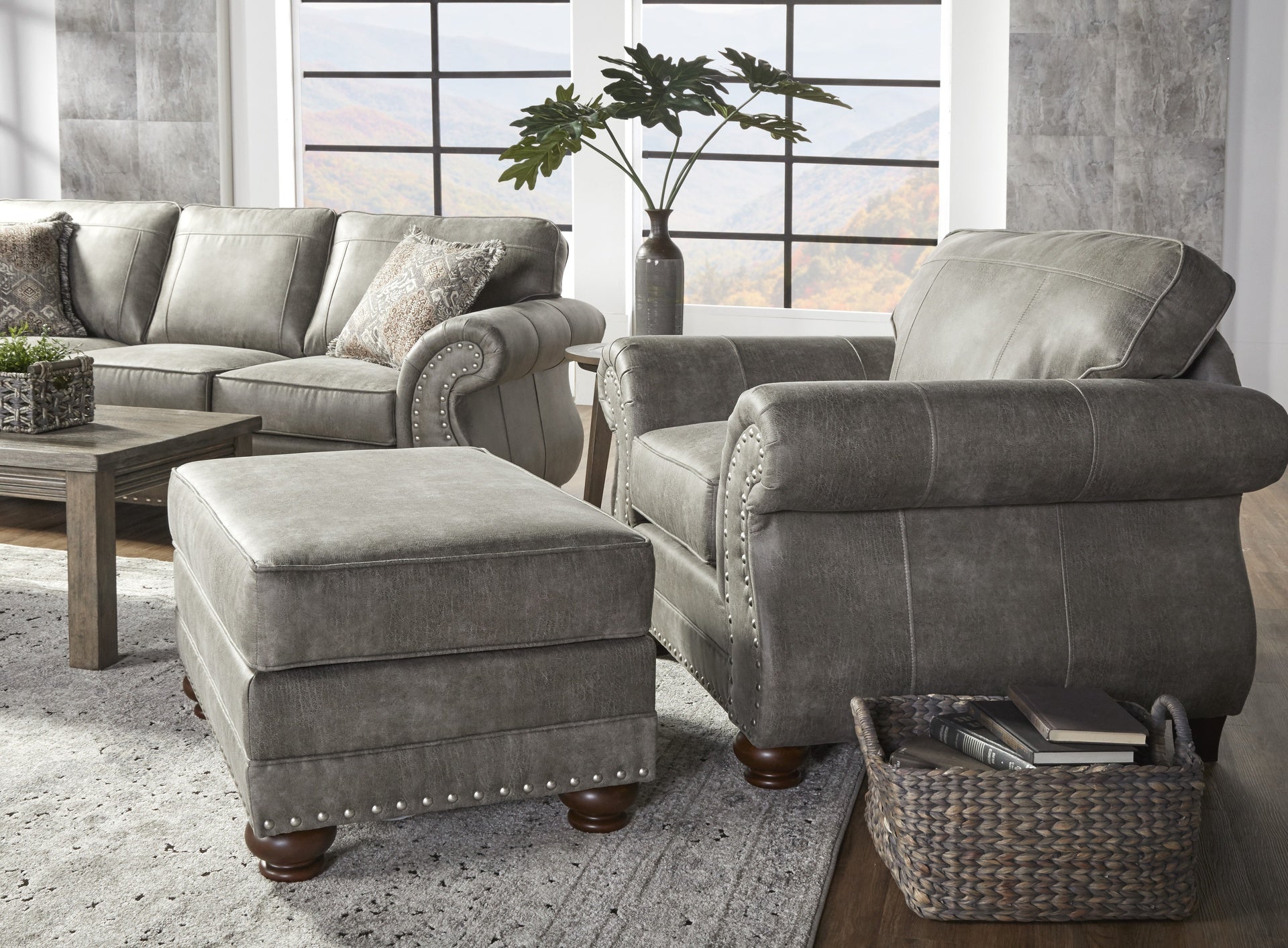 Leinster Faux Leather Upholstered Nailhead Chair and Ottoman