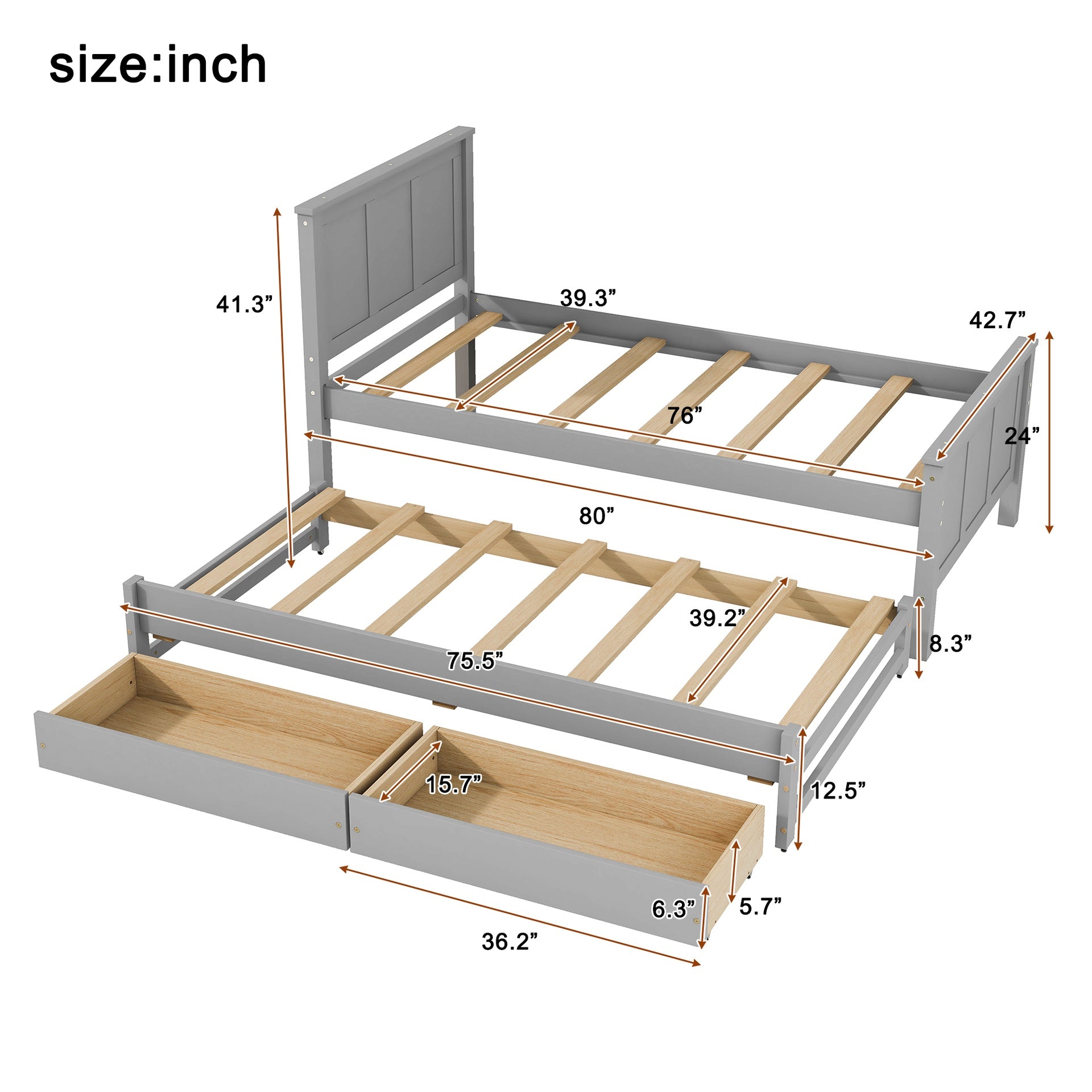 Twin Size Platform Bed with Trundle and Drawers, Gray