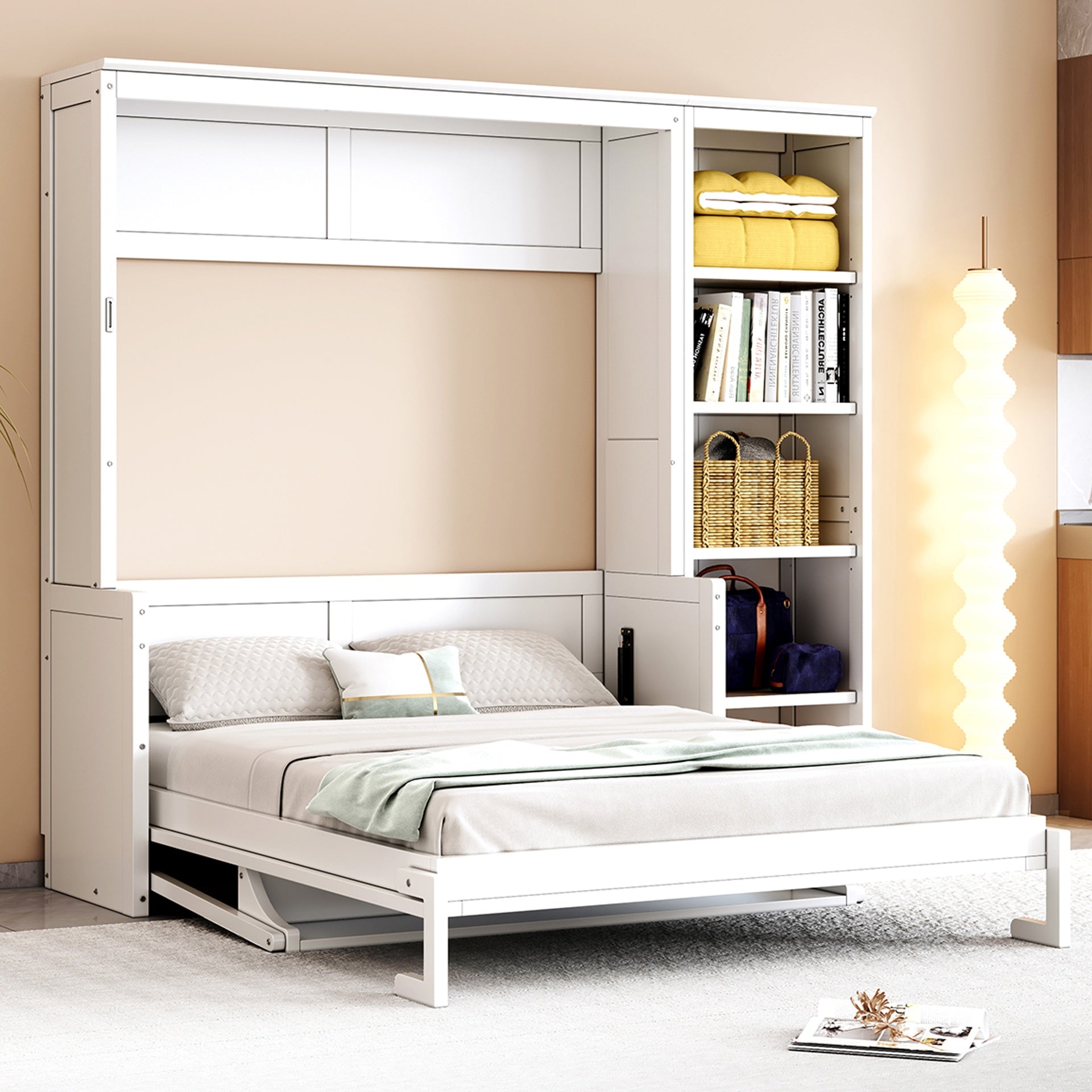 Full Size Murphy Bed with Desk and Bookshelf, White