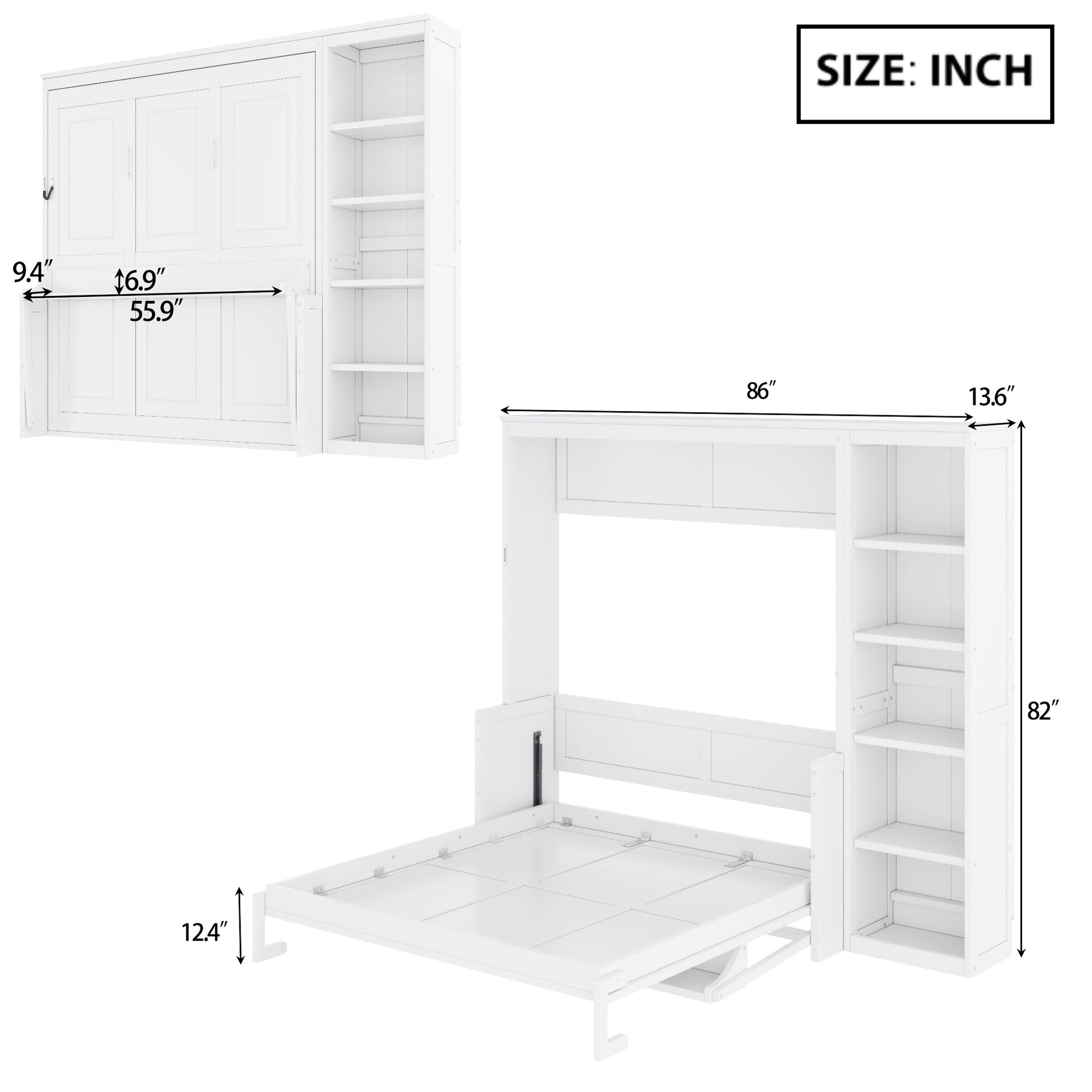 Full Size Murphy Bed with Desk and Bookshelf, White