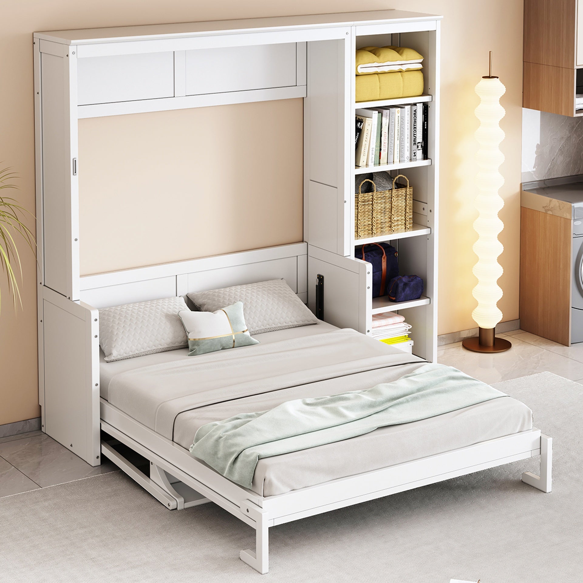 Full Size Murphy Bed with Desk and Bookshelf, White