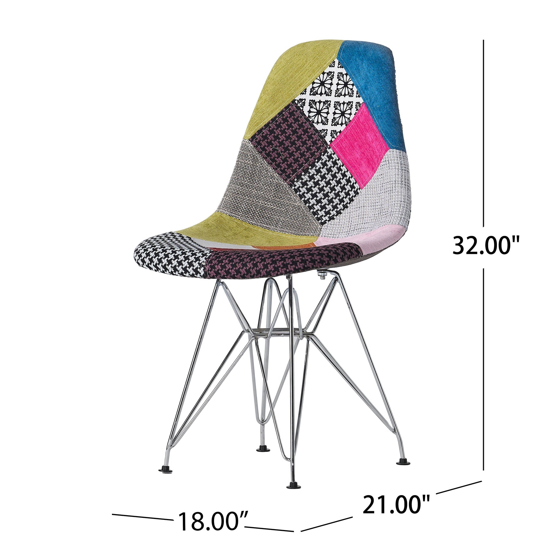 Patchwork Accent Chair Bohemian Style Fabric‎ Chair with Chromed Legs Geometric Pattern Chair, 18"D x 21"W x 32"H, Set of 2