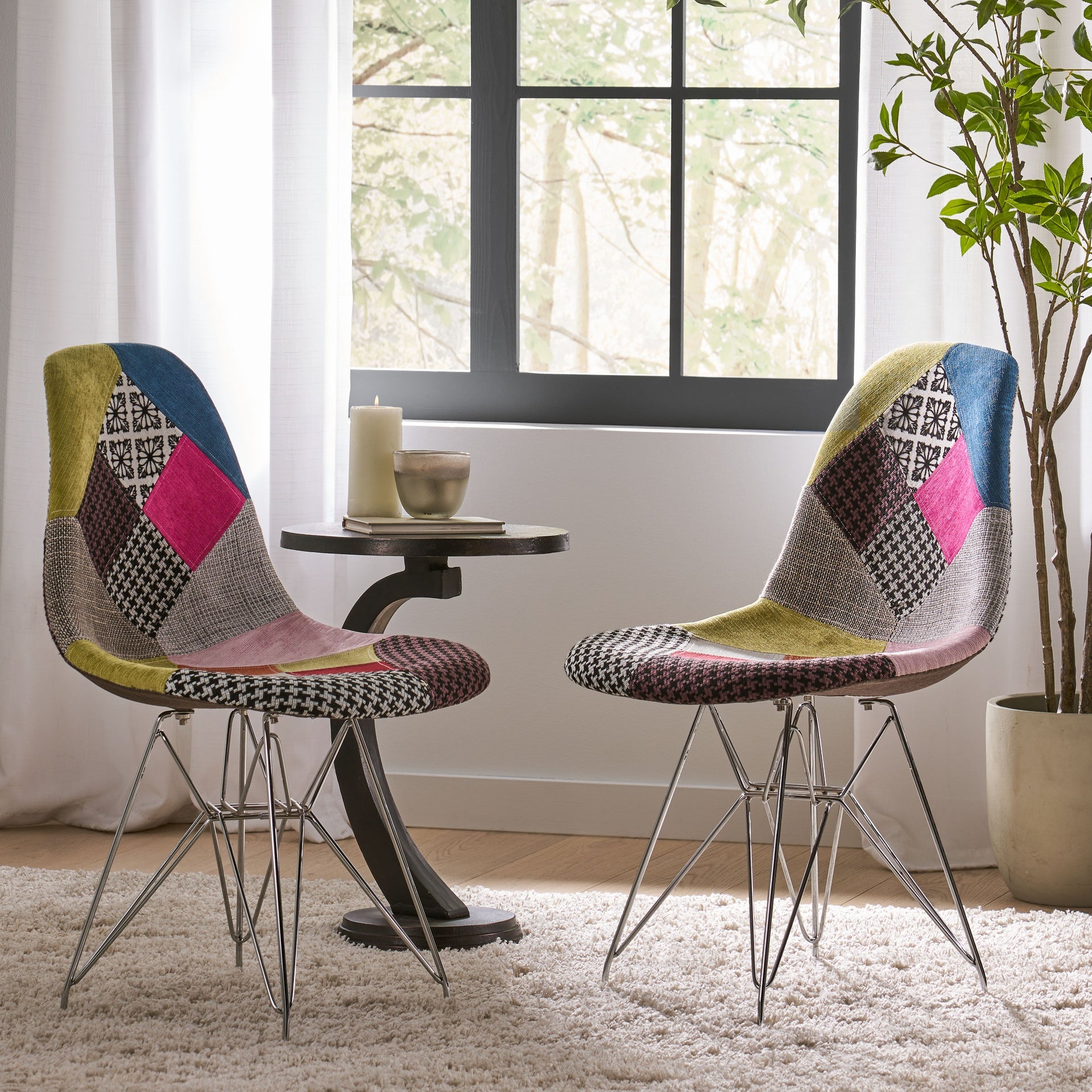Patchwork Accent Chair Bohemian Style Fabric‎ Chair with Chromed Legs Geometric Pattern Chair, 18"D x 21"W x 32"H, Set of 2