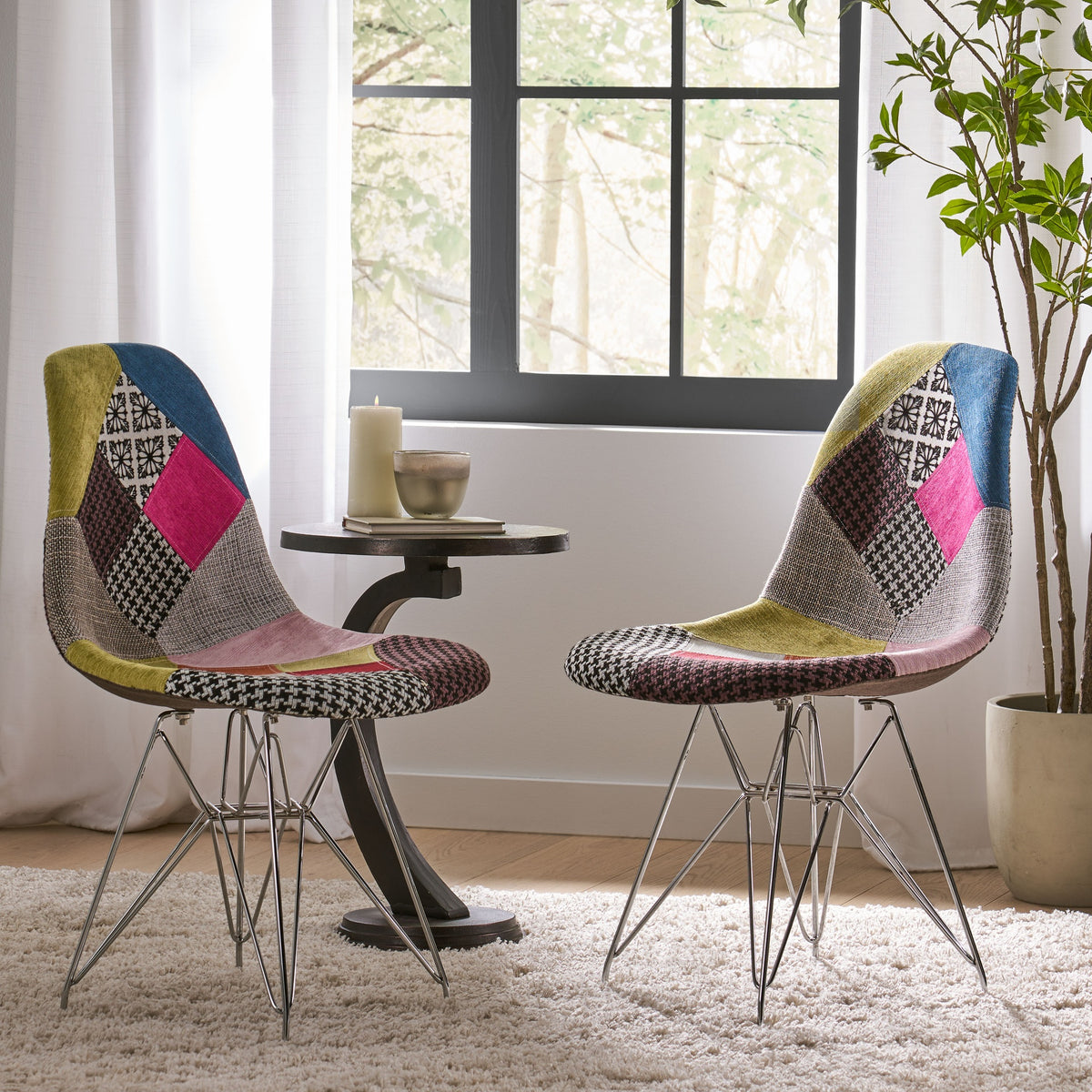 Patchwork Accent Chair Bohemian Style Fabric‎ Chair with Chromed Legs Geometric Pattern Chair, 18"D x 21"W x 32"H, Set of 2