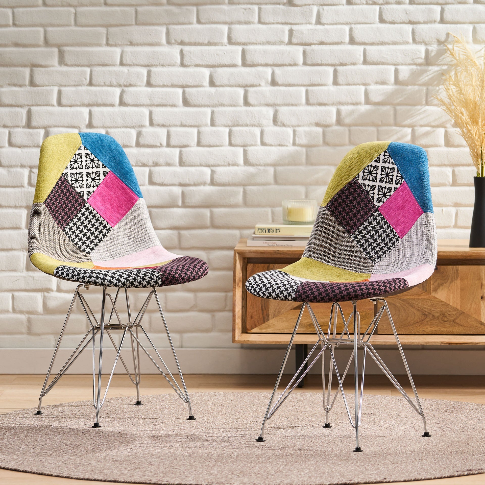 Patchwork Accent Chair Bohemian Style Fabric‎ Chair with Chromed Legs Geometric Pattern Chair, 18"D x 21"W x 32"H, Set of 2