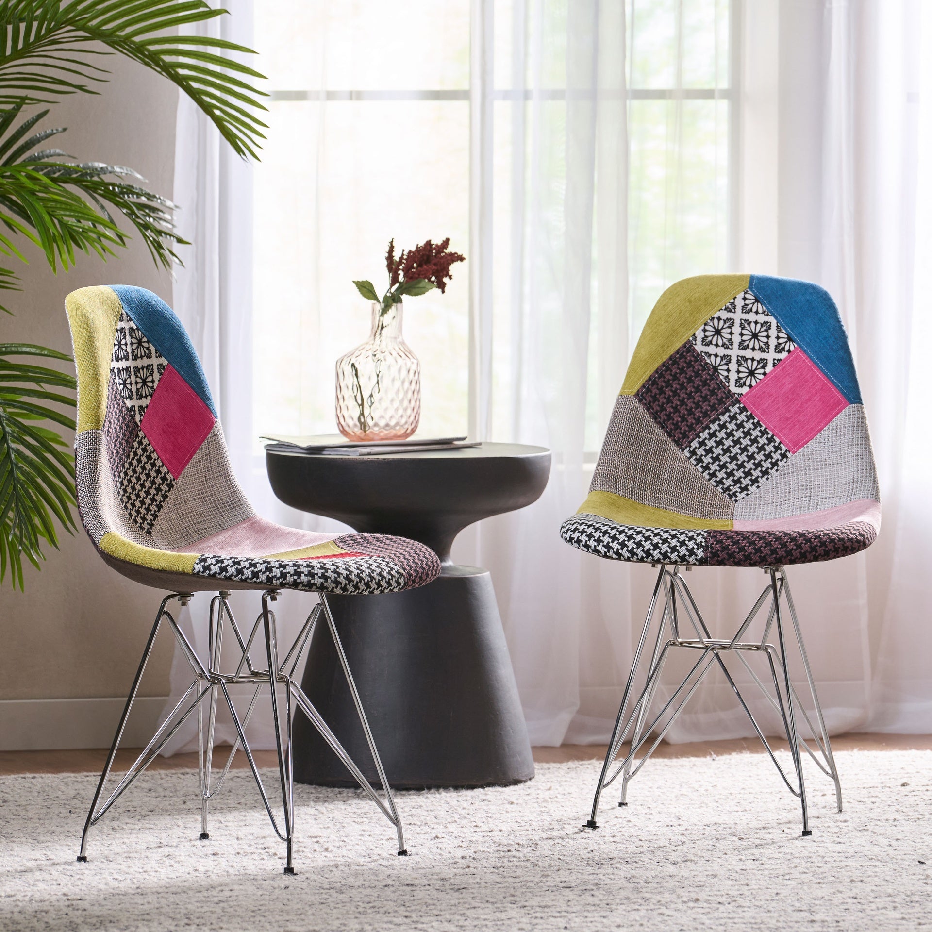 Patchwork Accent Chair Bohemian Style Fabric‎ Chair with Chromed Legs Geometric Pattern Chair, 18"D x 21"W x 32"H, Set of 2