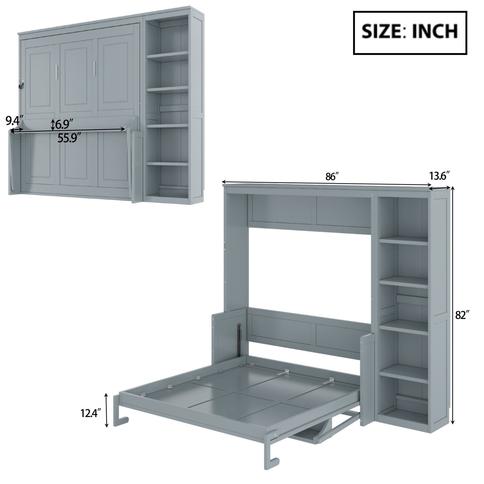 Full Size Murphy Bed with Desk and Bookshelf, Gray