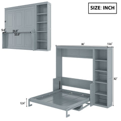 Full Size Murphy Bed with Desk and Bookshelf, Gray