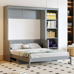Full Size Murphy Bed with Desk and Bookshelf, Gray