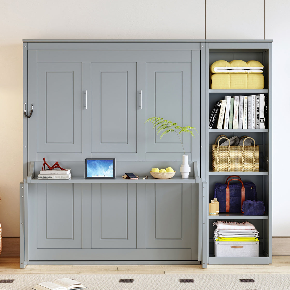 Full Size Murphy Bed with Desk and Bookshelf, Gray