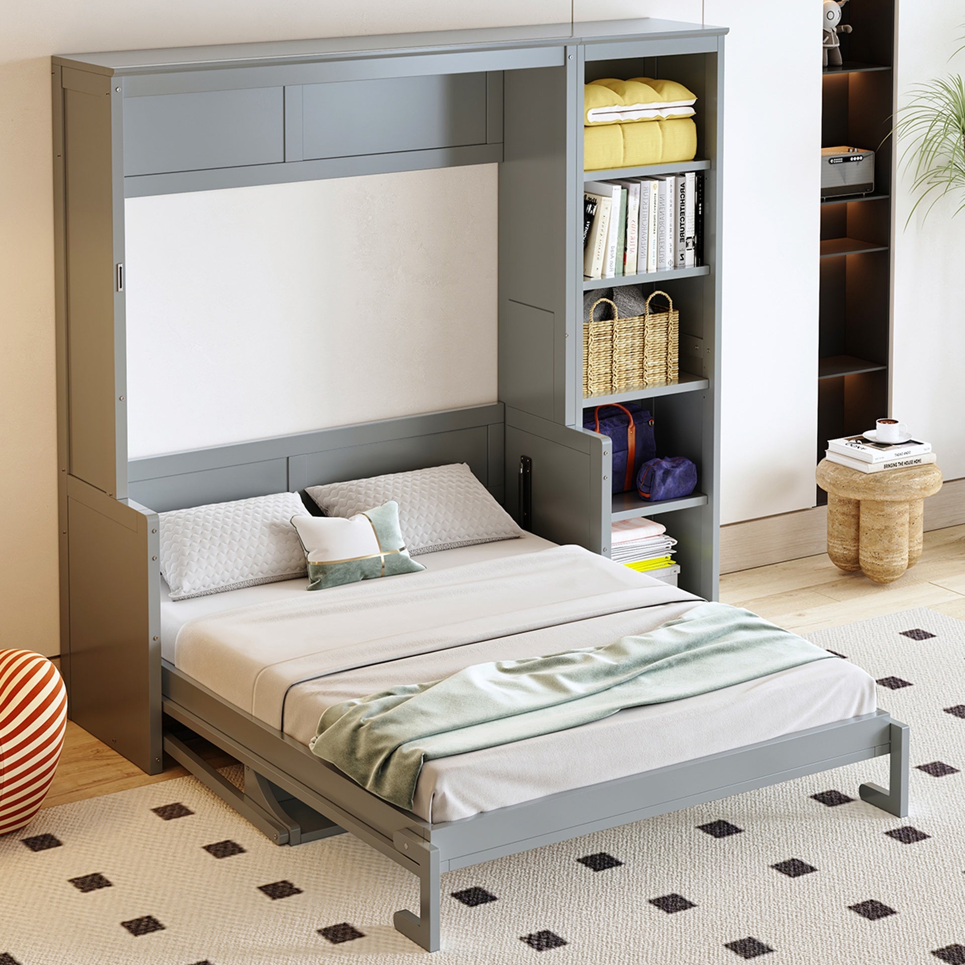 Full Size Murphy Bed with Desk and Bookshelf, Gray