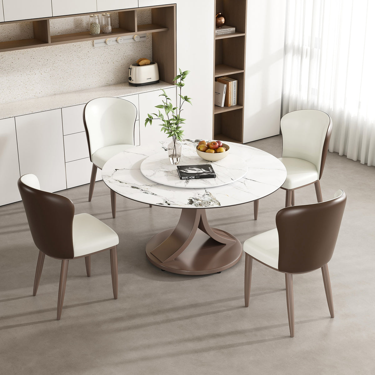 53" Round Dining Table with 360° Rotating Lazy Susan - Scratch & Heat Resistant Sintered Stone Tabletop for Dining Room & Kitchen(4 chairs)