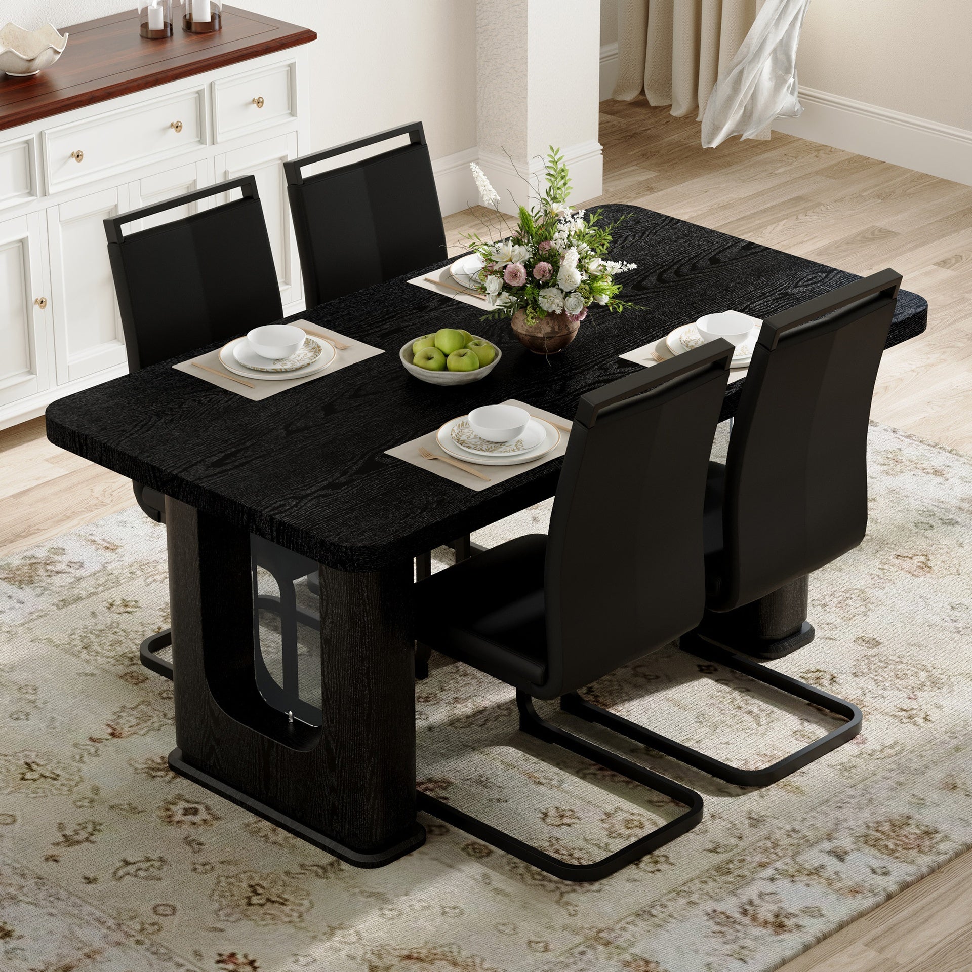 Table and chair set.64.5 x 35.4 Inch Stylish Black Wood Color Textured Dining Table.Paired with 4 Black PU chairs with Black Featuring arched black legs.Exudes A Strong Sense Of Fashion.