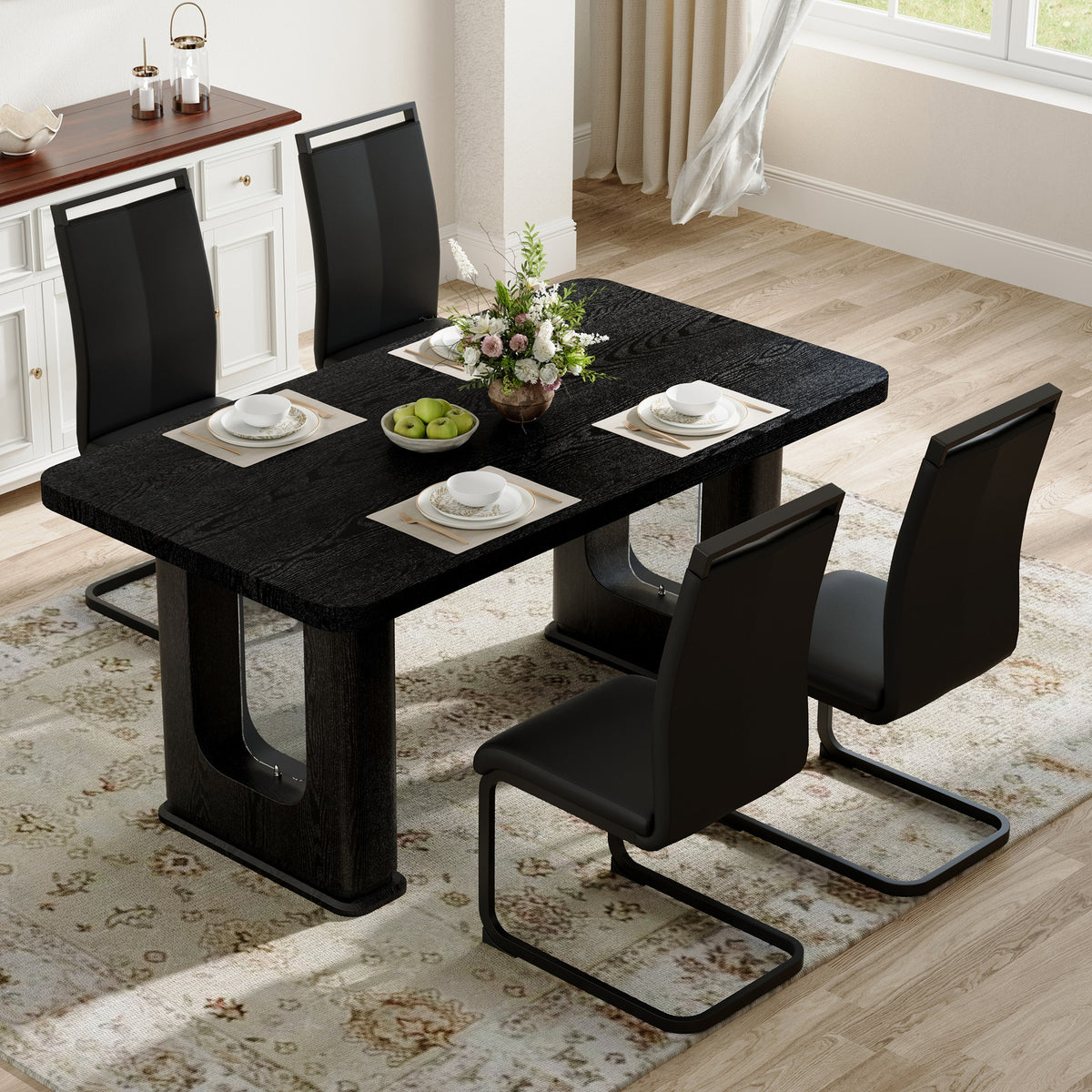 Table and chair set.64.5 x 35.4 Inch Stylish Black Wood Color Textured Dining Table.Paired with 4 Black PU chairs with Black Featuring arched black legs.Exudes A Strong Sense Of Fashion.