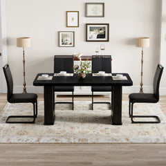 Table and chair set.64.5 x 35.4 Inch Stylish Black Wood Color Textured Dining Table.Paired with 4 Black PU chairs with Black Featuring arched black legs.Exudes A Strong Sense Of Fashion.