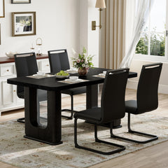 Table and chair set.64.5 x 35.4 Inch Stylish Black Wood Color Textured Dining Table.Paired with 4 Black PU chairs with Black Featuring arched black legs.Exudes A Strong Sense Of Fashion.