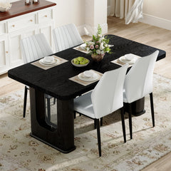 Table and chair set.64.5 x 35.4 Inch Stylish Black Wood Color Textured Dining Table.Paired with 4 Black - and - White PU Dining Chairs with Shell - pattern. Exudes A Strong Sense Of Fashion.