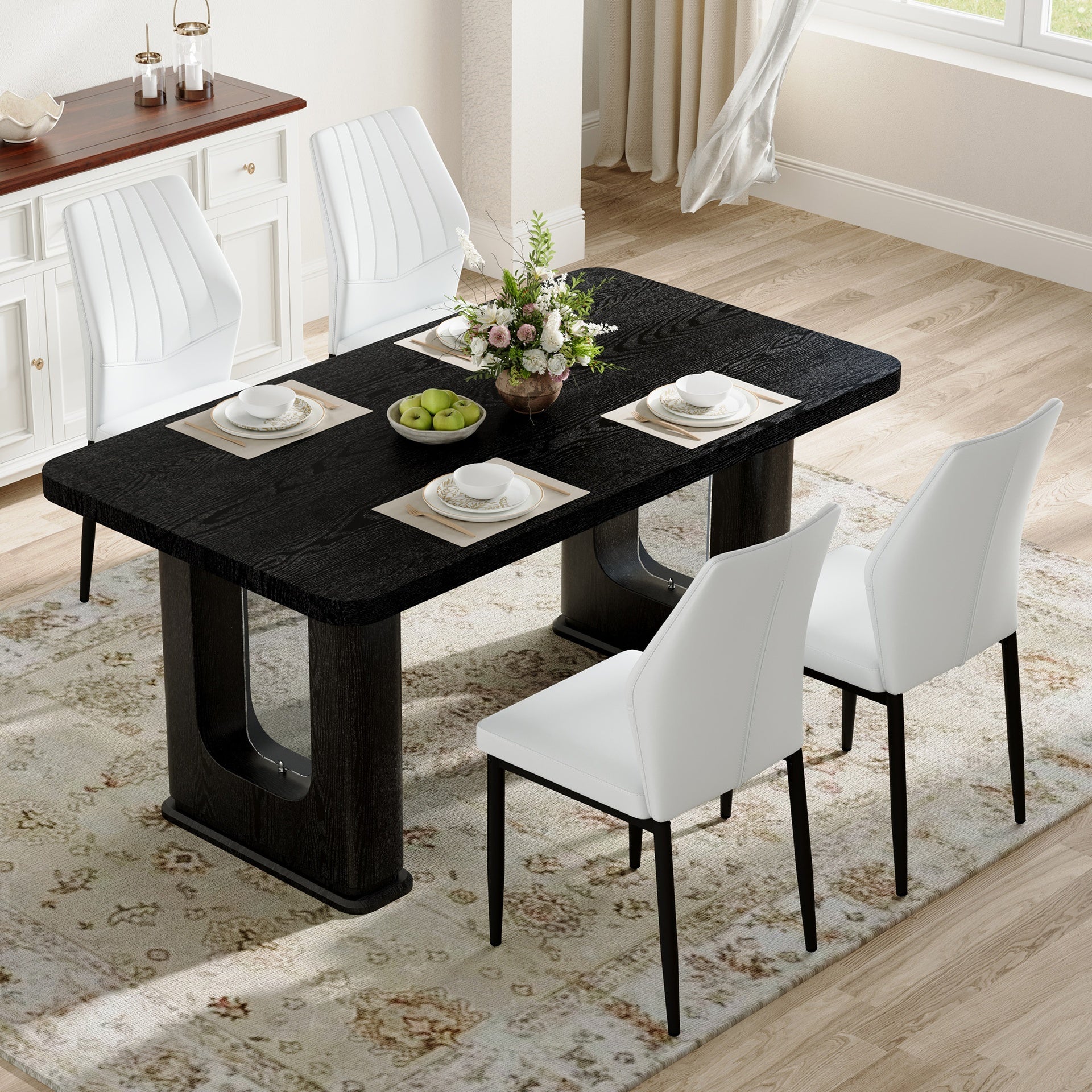 Table and chair set.64.5 x 35.4 Inch Stylish Black Wood Color Textured Dining Table.Paired with 4 Black - and - White PU Dining Chairs with Shell - pattern. Exudes A Strong Sense Of Fashion.