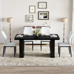 Table and chair set.64.5 x 35.4 Inch Stylish Black Wood Color Textured Dining Table.Paired with 4 Black - and - White PU Dining Chairs with Shell - pattern. Exudes A Strong Sense Of Fashion.