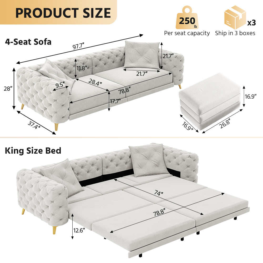 97.7" 3-in-1 Convertible Sleeper Sofa,28.4" Deep Seat Pull Out Sofa Bed,Button Tufted Modern Sofa,4-Seater Couch with Movable Ottoman  for Apartment,Office,Bedroom,Light Grey(NEW SKU:W1885S00300)