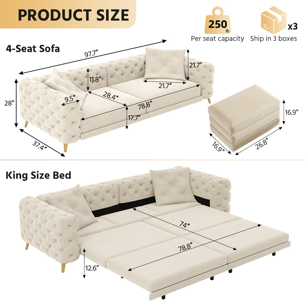 97.7" 3-in-1 Convertible Sleeper Sofa, 28.4" Deep Seat Pull Out Sofa Bed,Button Tufted Modern Sofa, 4-Seater Couch with Movable Ottoman  for Apartment, Office, Bedroom,Beige/White(NEW SKU:W1885S00297)