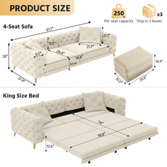 97.7" 3-in-1 Convertible Sleeper Sofa, 28.4" Deep Seat Pull Out Sofa Bed,Button Tufted Modern Sofa, 4-Seater Couch with Movable Ottoman  for Apartment, Office, Bedroom,Beige/White(NEW SKU:W1885S00297)