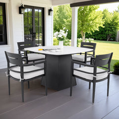 5-Piece Outdoor Pedestal Dining Set, 44" Rounded Square Sintered Stone Table with Flared Base and 4 Armchairs, Sunbrella Cushions, Rust-Free Aluminum, Weather-Resistant, for Patio or Deck