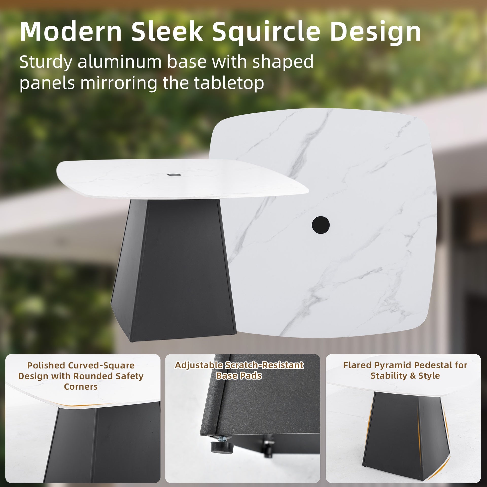 5-Piece Outdoor Pedestal Dining Set, 44" Rounded Square Sintered Stone Table with Flared Base and 4 Armchairs, Sunbrella Cushions, Rust-Free Aluminum, Weather-Resistant, for Patio or Deck
