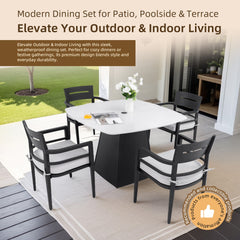 5-Piece Outdoor Pedestal Dining Set, 44" Rounded Square Sintered Stone Table with Flared Base and 4 Armchairs, Sunbrella Cushions, Rust-Free Aluminum, Weather-Resistant, for Patio or Deck