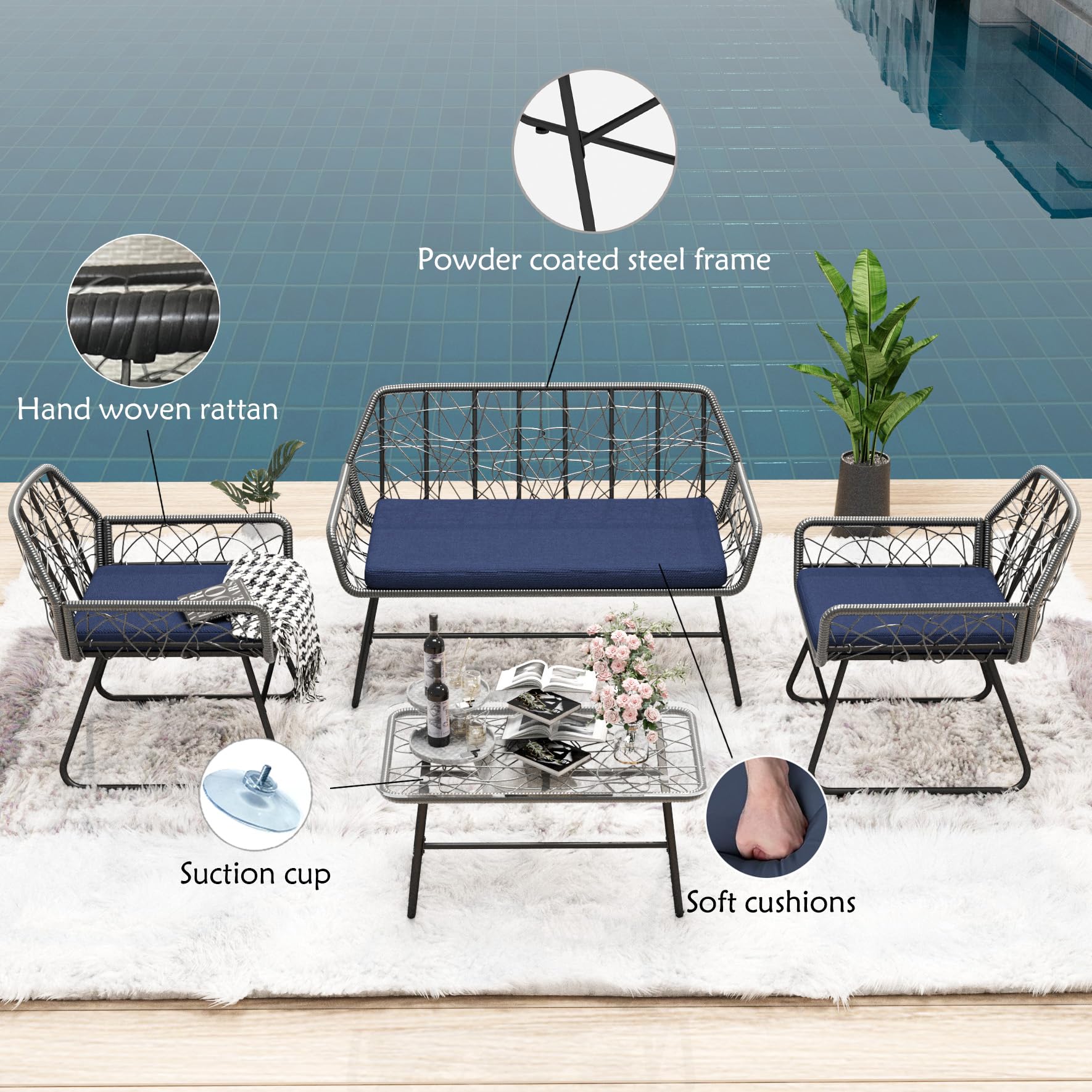 4-piece wicker patio furniture set with tempered glass table, detachable blue cushion cover for easy cleaning,Suitable for backyard, balcony, etc