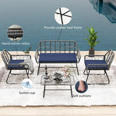 4-piece wicker patio furniture set with tempered glass table, detachable blue cushion cover for easy cleaning,Suitable for backyard, balcony, etc