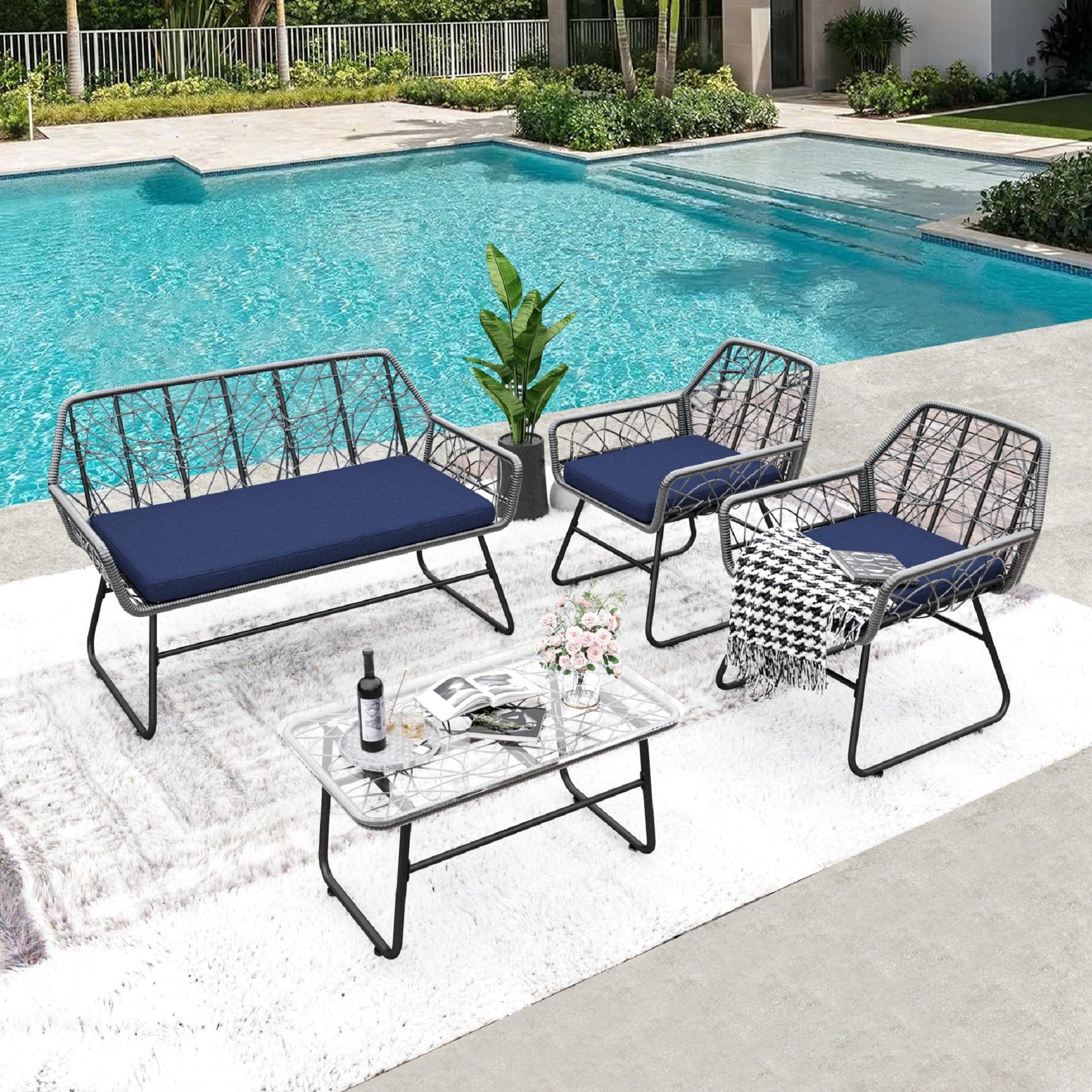 4-piece wicker patio furniture set with tempered glass table, detachable blue cushion cover for easy cleaning,Suitable for backyard, balcony, etc