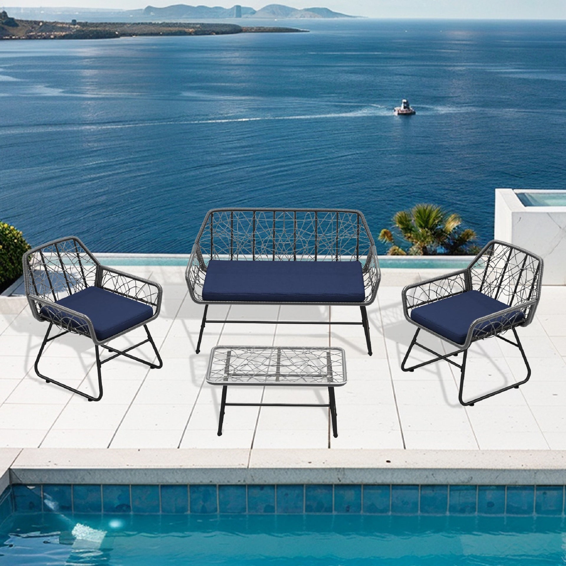 4-piece wicker patio furniture set with tempered glass table, detachable blue cushion cover for easy cleaning,Suitable for backyard, balcony, etc