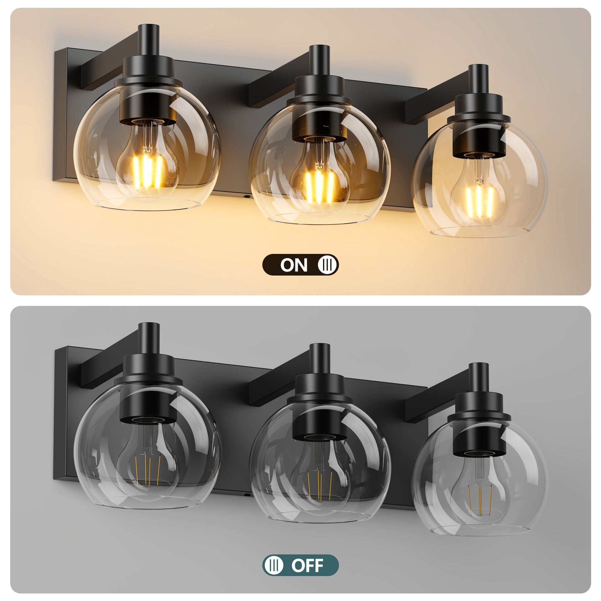 Bathroom Vanity Light,Modern 3-Light Bathroom Lighting Fixtures Over Mirror with Clear Glass Shade and Metal Base,Matte Black Bathroom Lighting