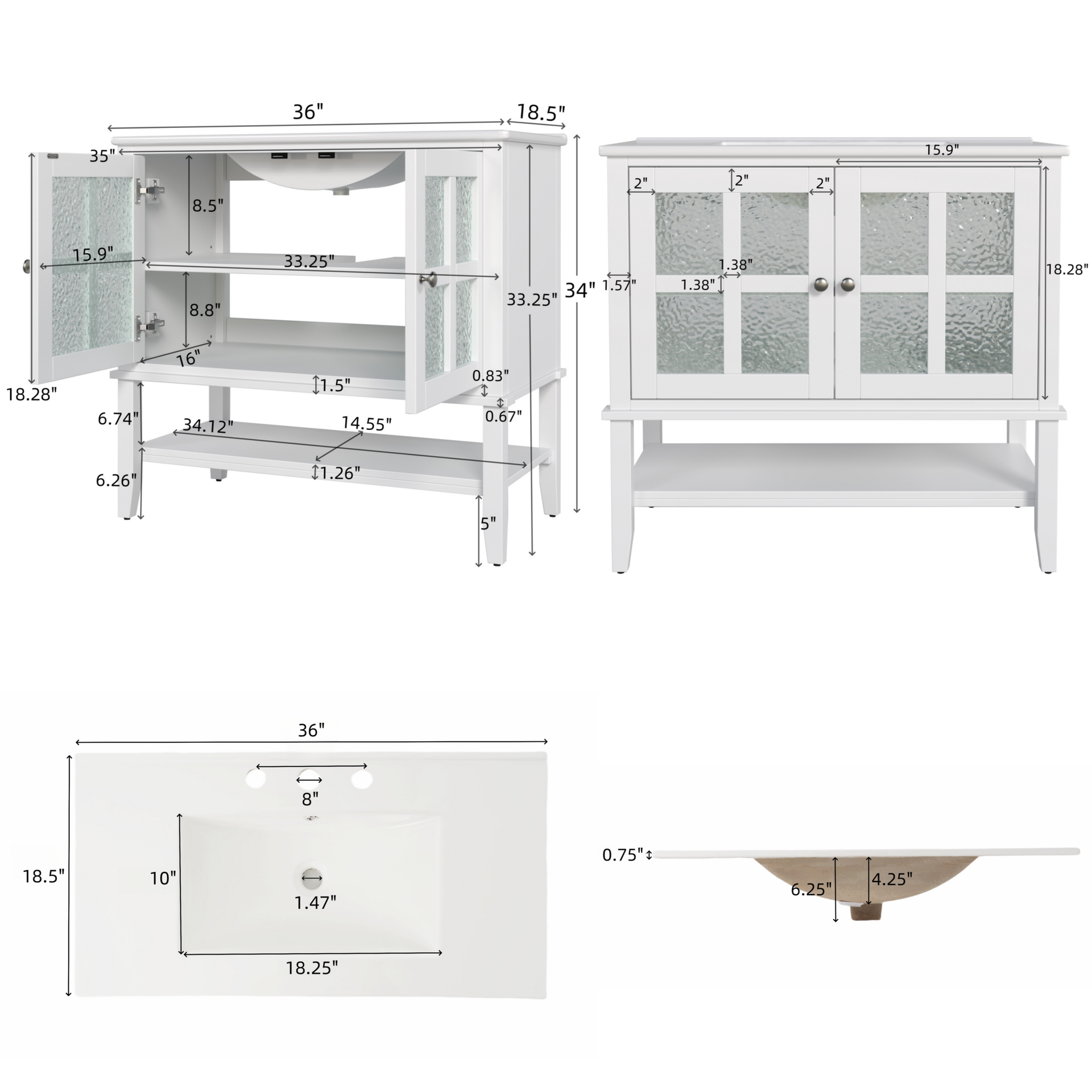 36" Bathroom Vanity with Ceramic Sink, Bathroom Vanity with Adjustable Shelf and Open Shelf, with Solid Wood Legs, Waterproof Painted Finish, Silver Metal Knobs and Soft Close Hinges Design, White
