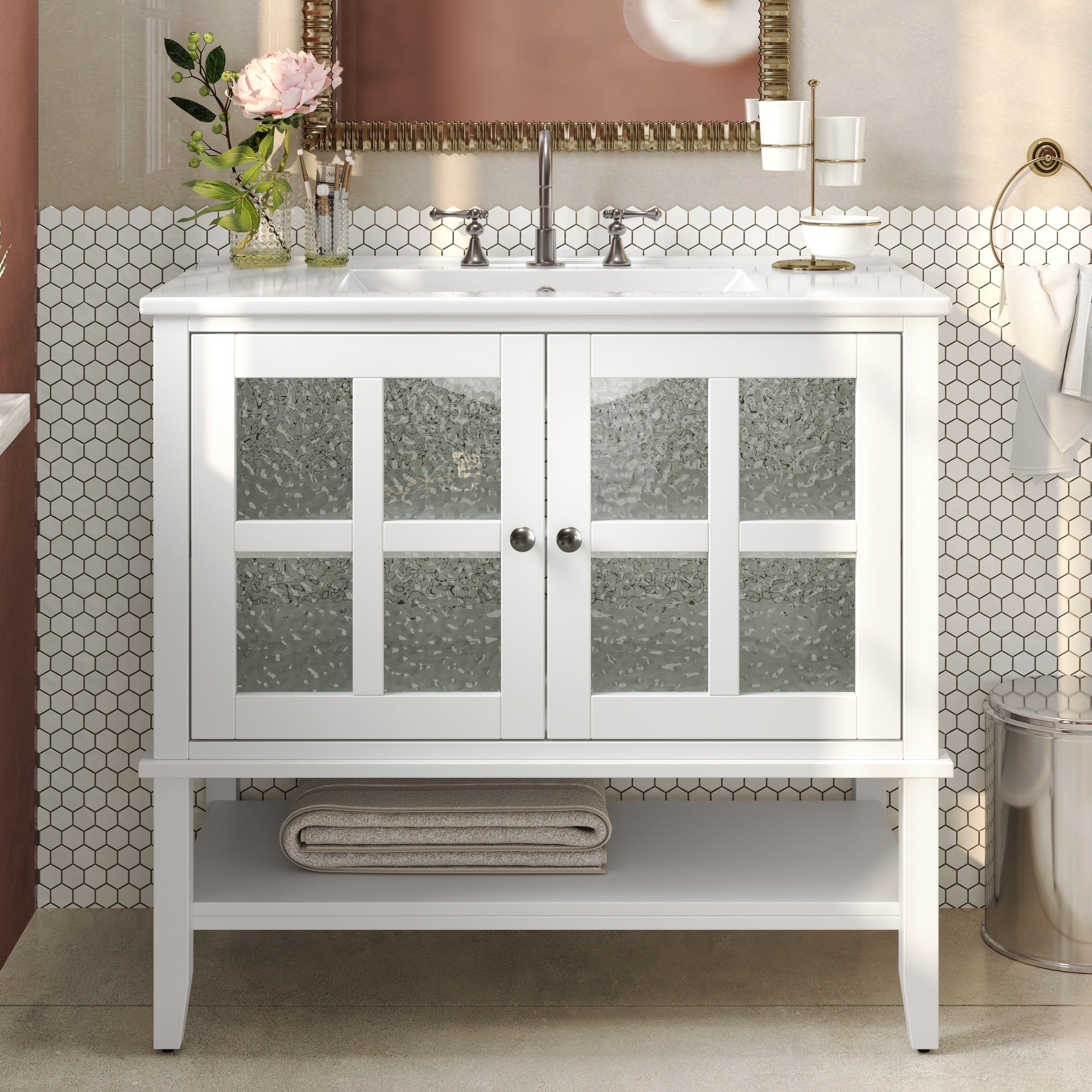 36" Bathroom Vanity with Ceramic Sink, Bathroom Vanity with Adjustable Shelf and Open Shelf, with Solid Wood Legs, Waterproof Painted Finish, Silver Metal Knobs and Soft Close Hinges Design, White