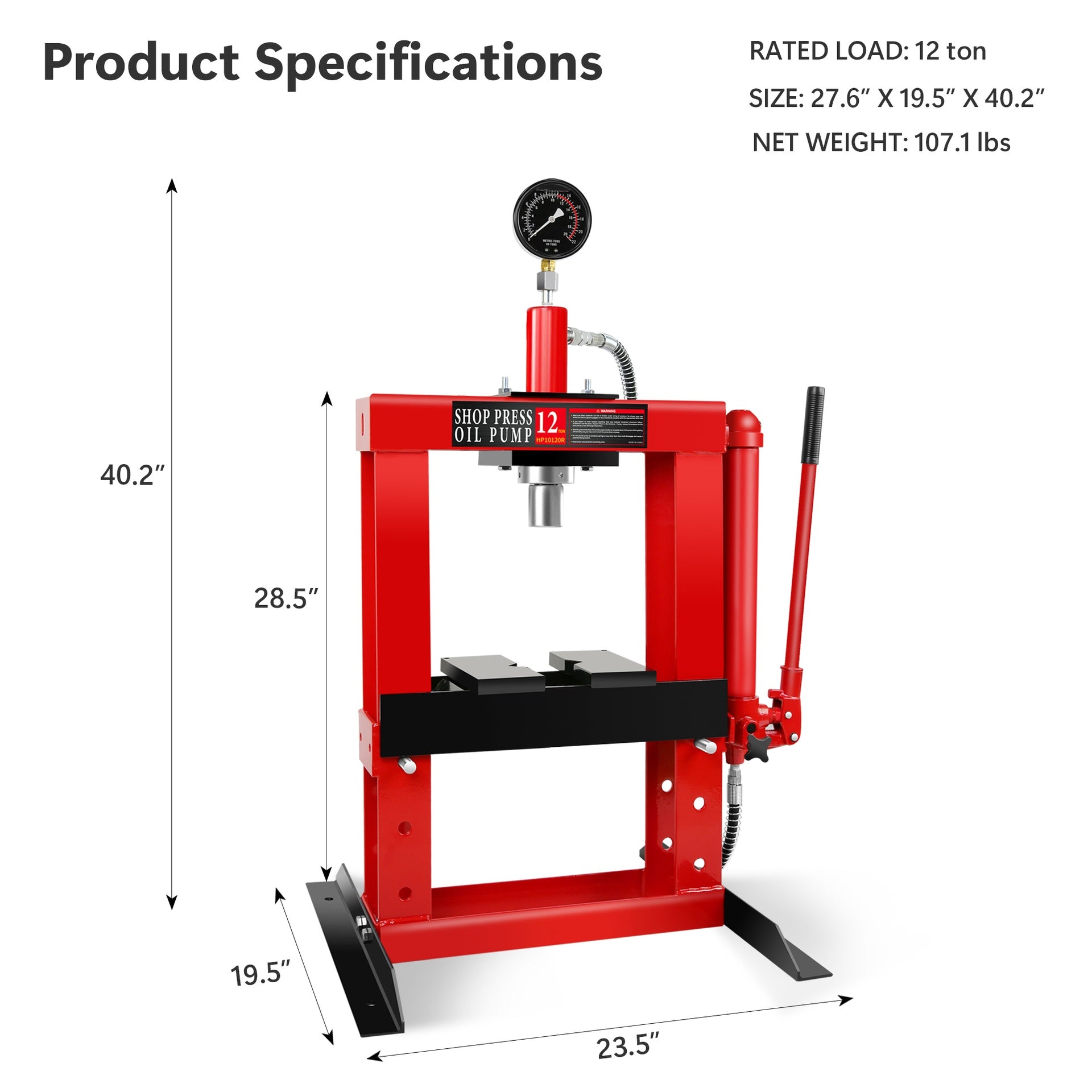 12-Ton Adjustable Benchtop Hydraulic Shop Press for Garage w/Stamping Plates & Pressure Gauge, Manual Hand Pump