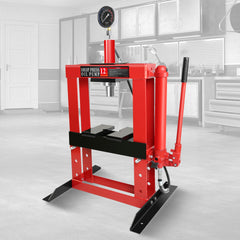 12-Ton Adjustable Benchtop Hydraulic Shop Press for Garage w/Stamping Plates & Pressure Gauge, Manual Hand Pump