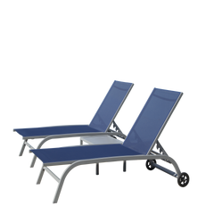 Chaise Lounge Outdoor Set of 3, Lounge Chairs for Outside with Wheels, Outdoor Lounge Chairs with 5 Adjustable Position, Pool Lounge Chairs for Patio, Beach(Blue, 2 Lounge Chairs+1 Table)
