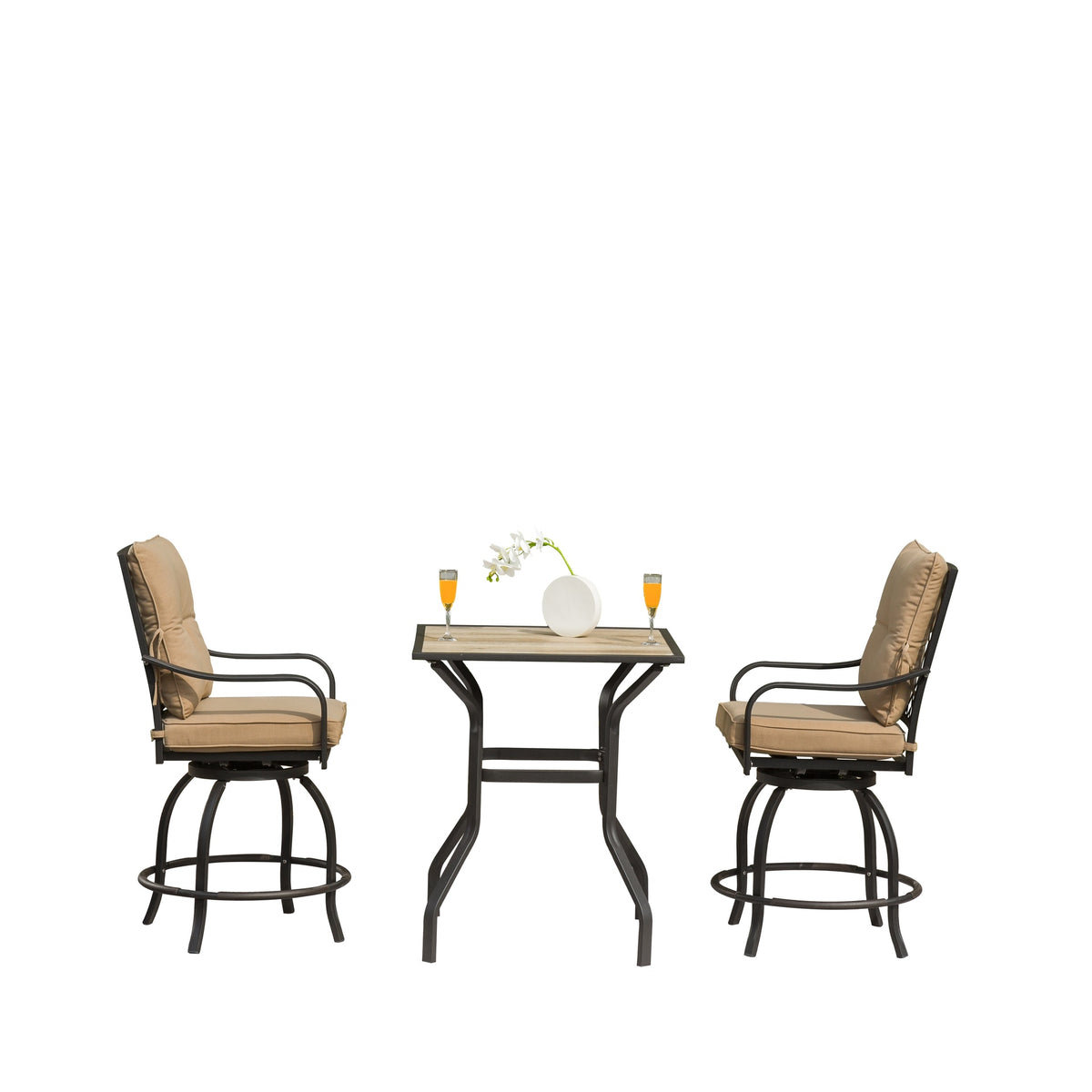 Outdoor Living 3 Piece Patio Bar Set with Swivels Bar Stools and Top Table, Outdoor Bistro Set for Garden Balcony Backyard Deck, High Bar Chairs with Seat Cushion and backrest Cushion,Khaki