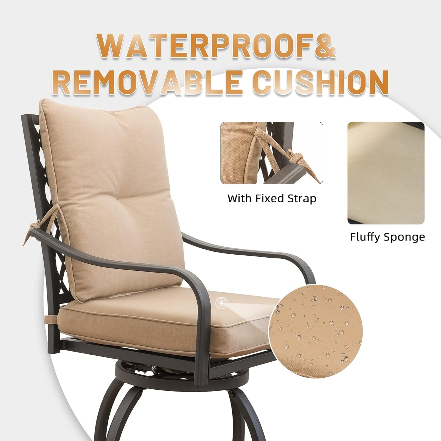 Outdoor Living 3 Piece Patio Bar Set with Swivels Bar Stools and Top Table, Outdoor Bistro Set for Garden Balcony Backyard Deck, High Bar Chairs with Seat Cushion and backrest Cushion,Khaki