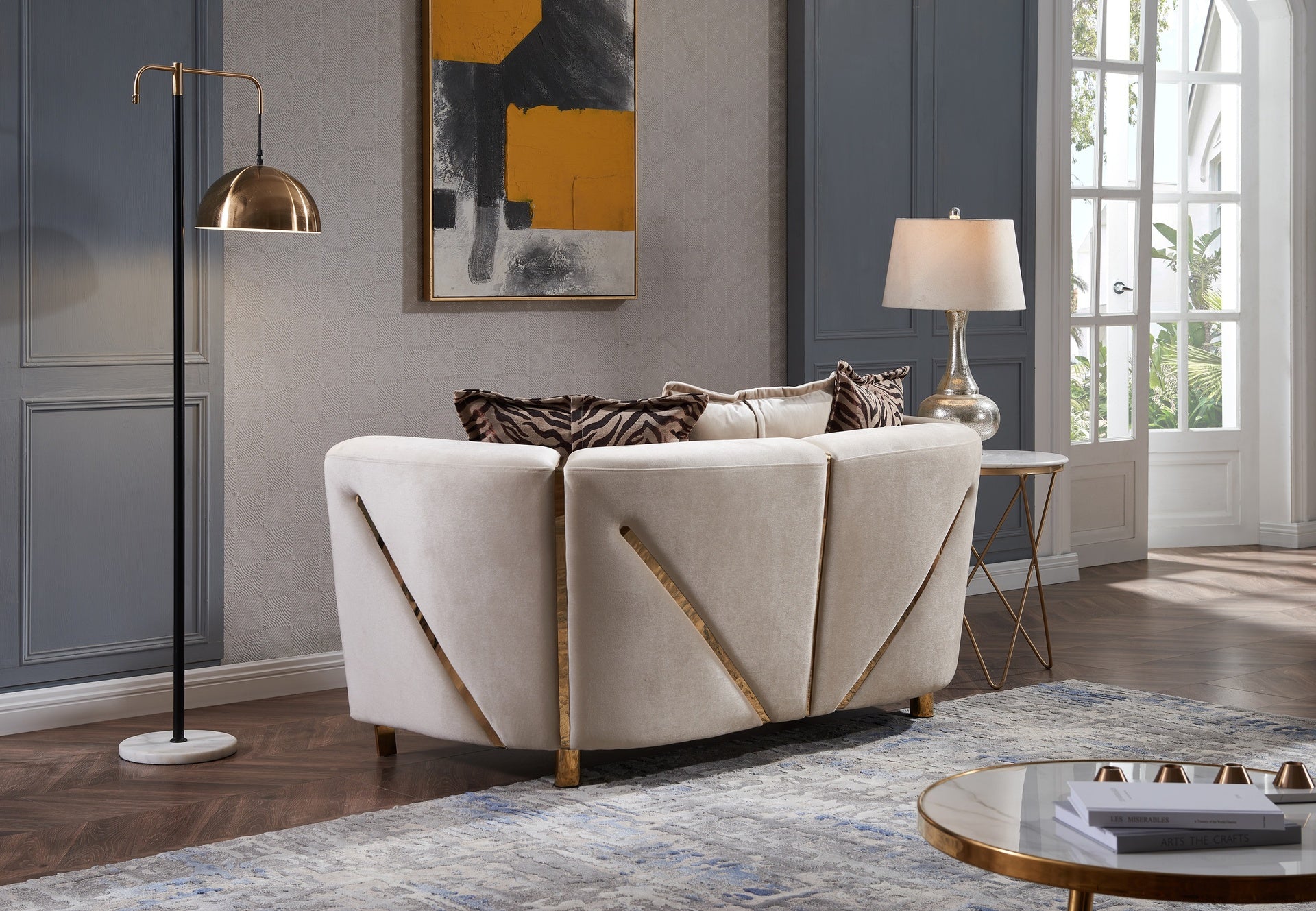Thick Velvet Fabric Upholstered Loveseat Made With Wood in Beige