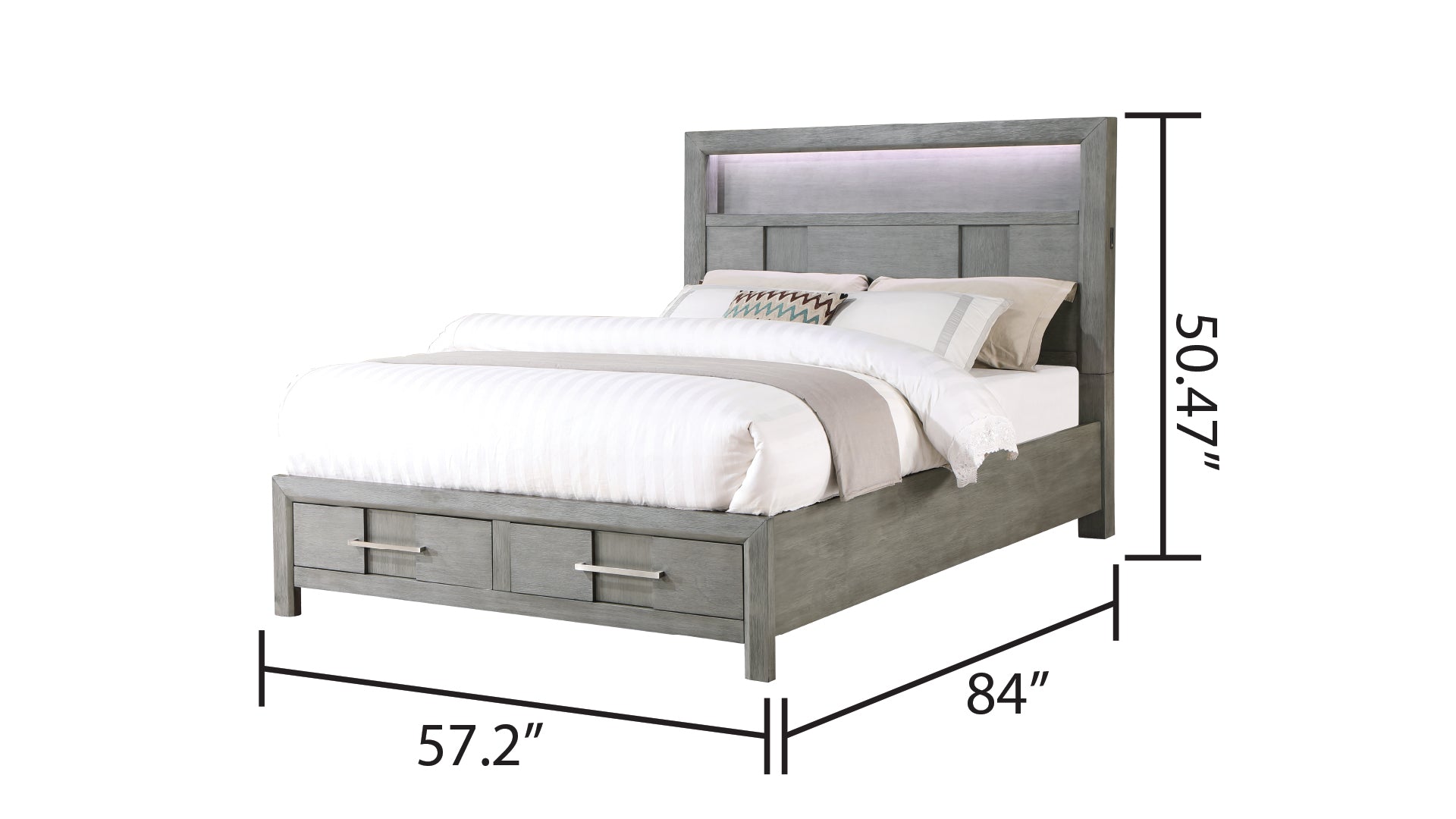 KENZO Modern Style Full 4PC Storage Bedroom Set Made with Wood, LED Headboard, Bluetooth Speakers & USB Ports - Grey(NJ INVENTORY)